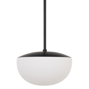 Aditi ceiling light fixture with a black top and white globe shade, viewed from below.