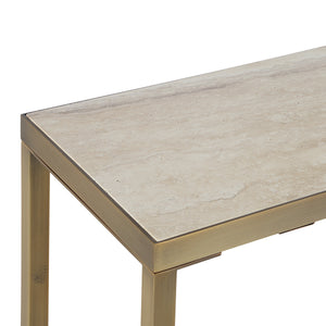 Bodin console table featuring a beige stone top and gold metal frame, angled view showcasing the sleek design.