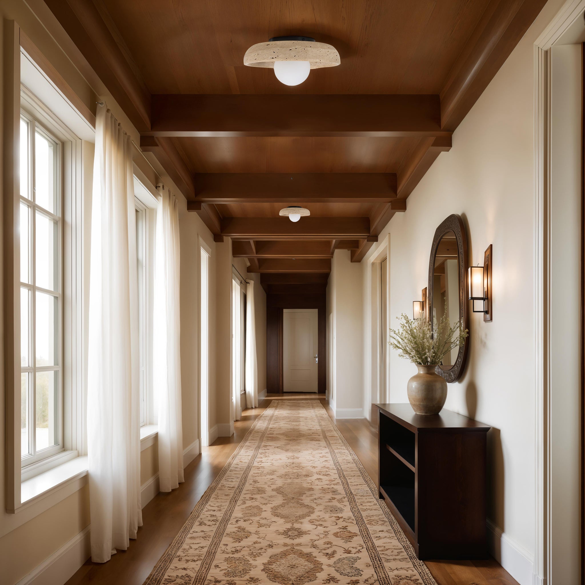 Myrtos wall sconce in a hallway with wooden beams, featuring a round glass bulb and textured stone base.