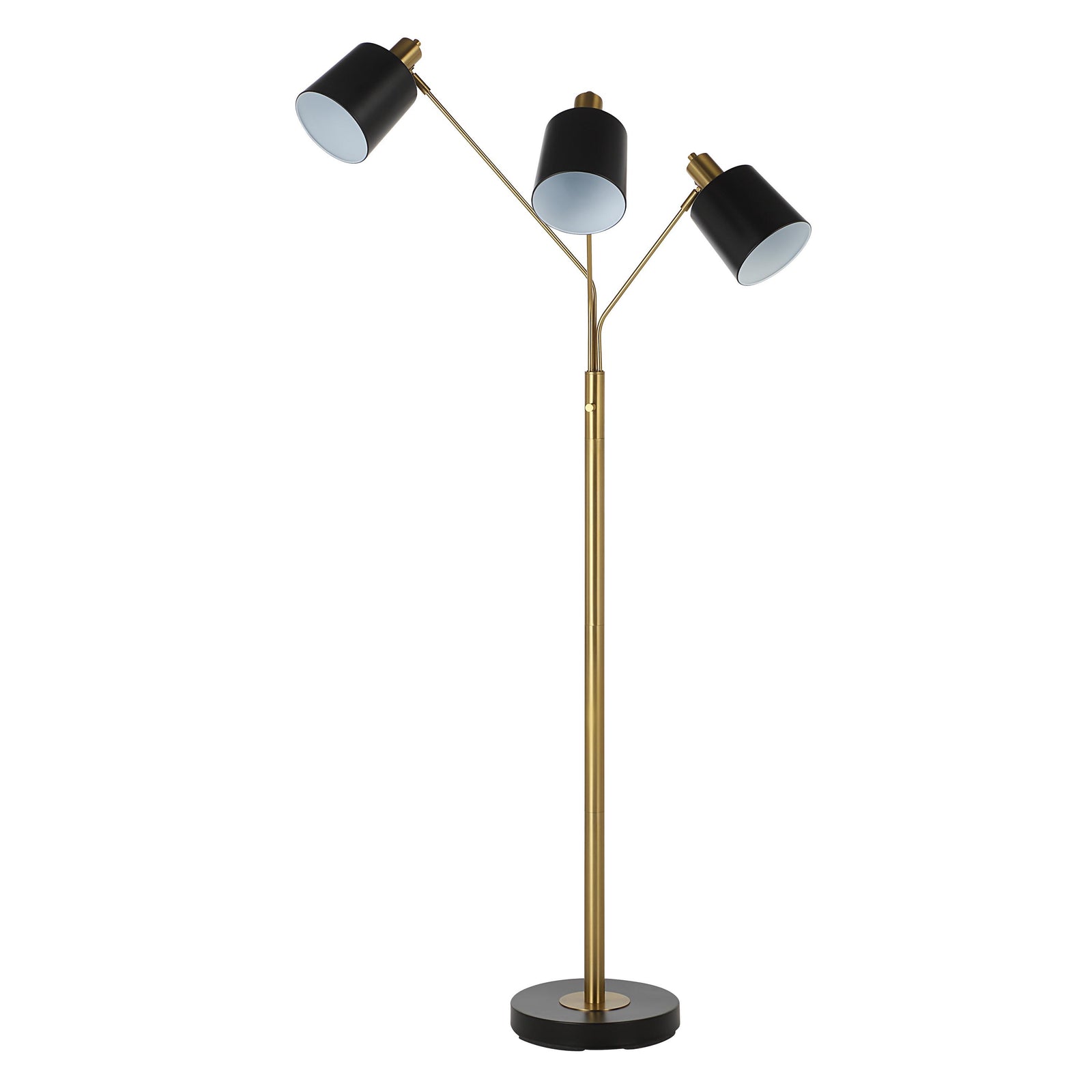 Meander floor lamp with three black shades and gold accents, standing on a round black base.