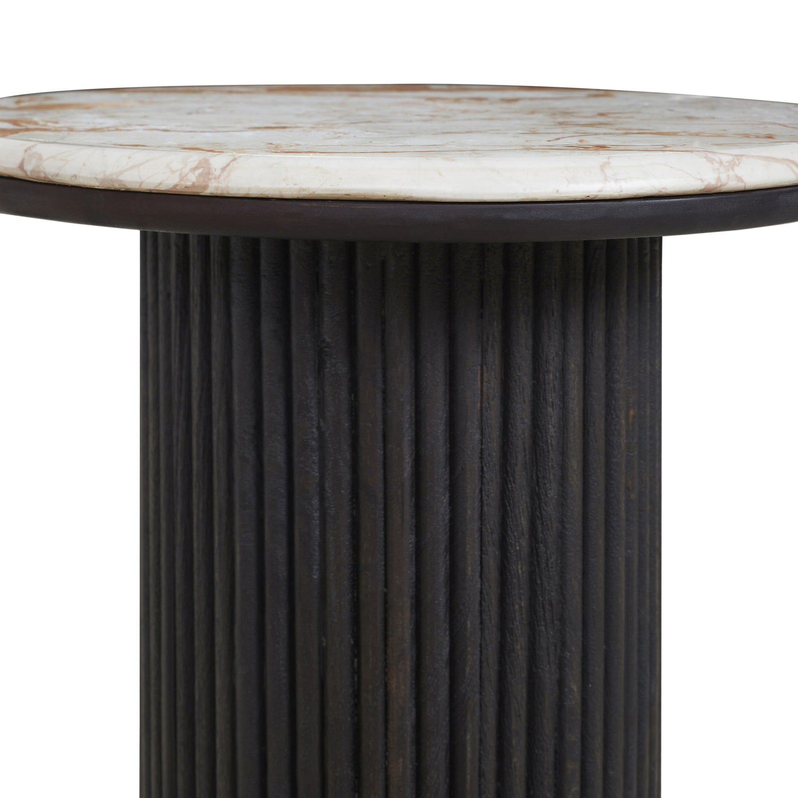 Alessio accent table with a round marble top and ribbed black base.