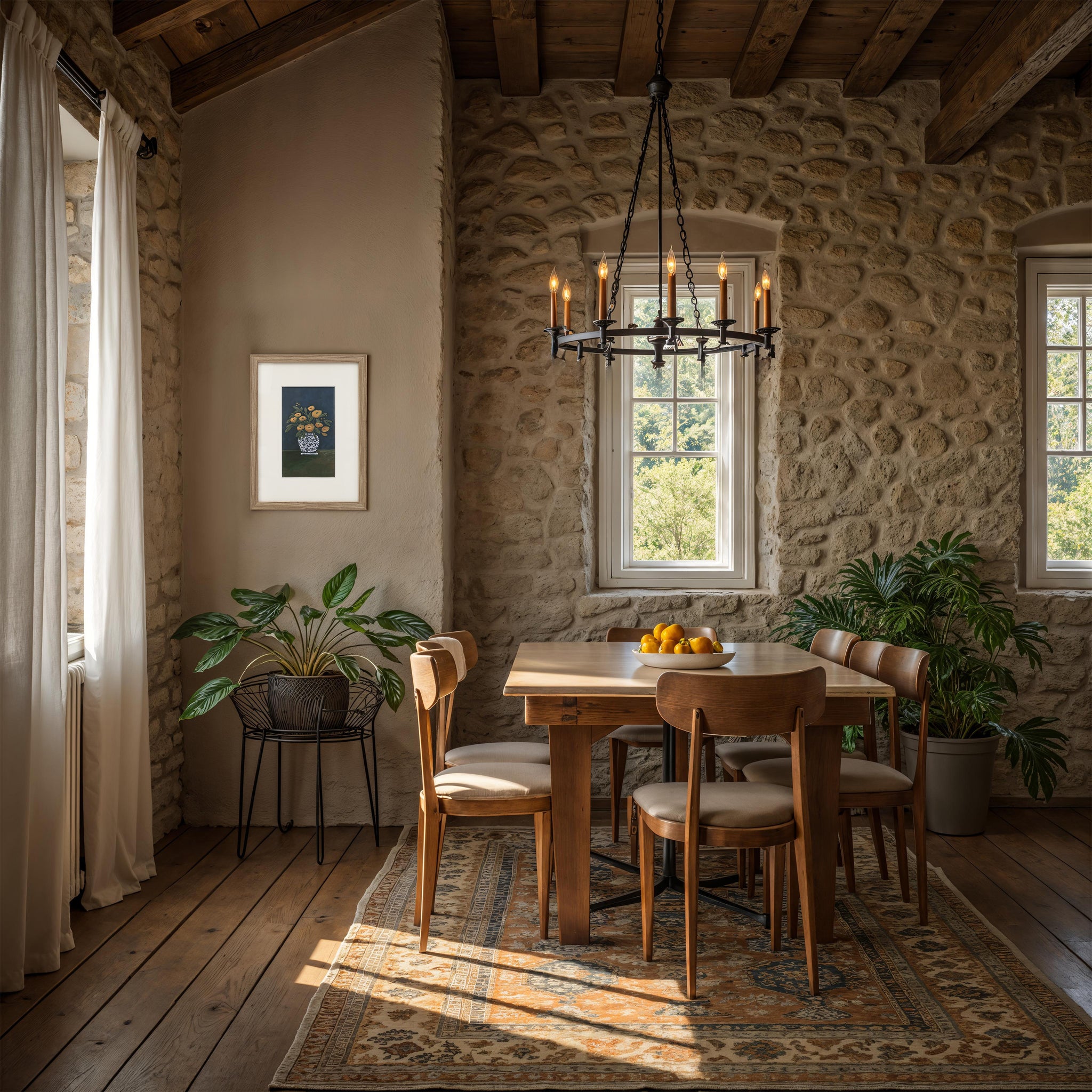 Henriette artwork displayed in a dining room with a wooden table and stone walls