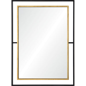 Gray wall mirror with a gold frame and black accents, showcasing a reflective surface.