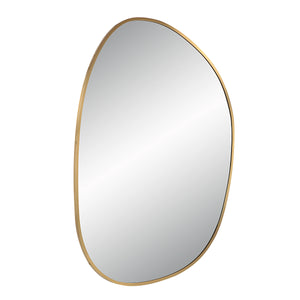 Jyn mirror by Renwil, side view of organic-shaped mirror with gold metal frame and reflective surface.