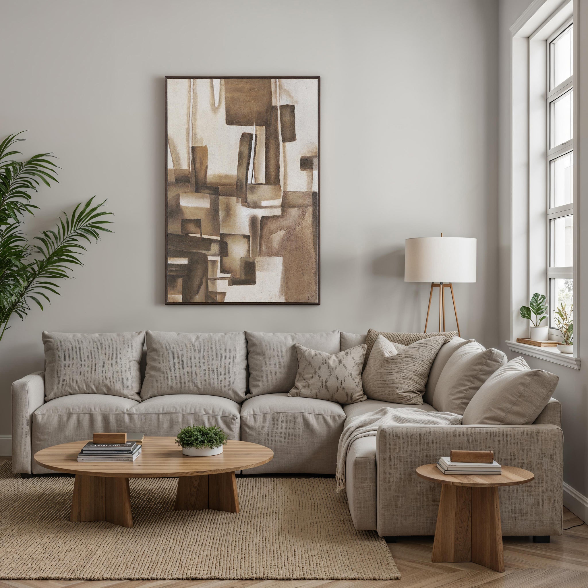 Iberis canvas art above a modern living room sofa, complemented by natural decor.