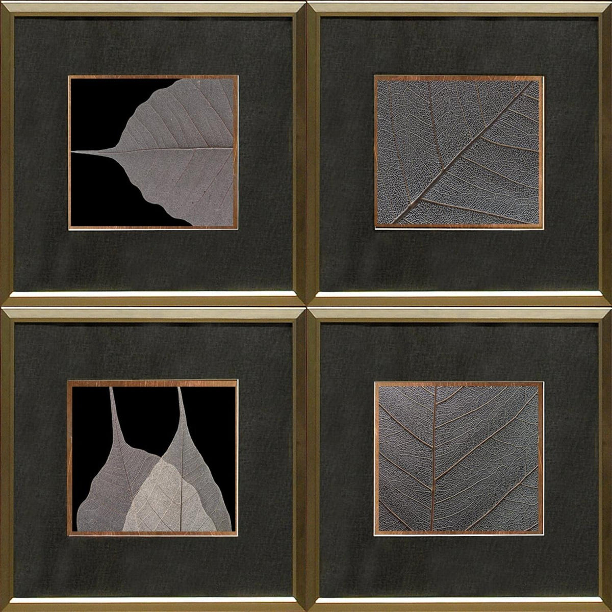 Copper Leaf Details I - IV Bundle featuring four framed leaf prints with textured details on a black background