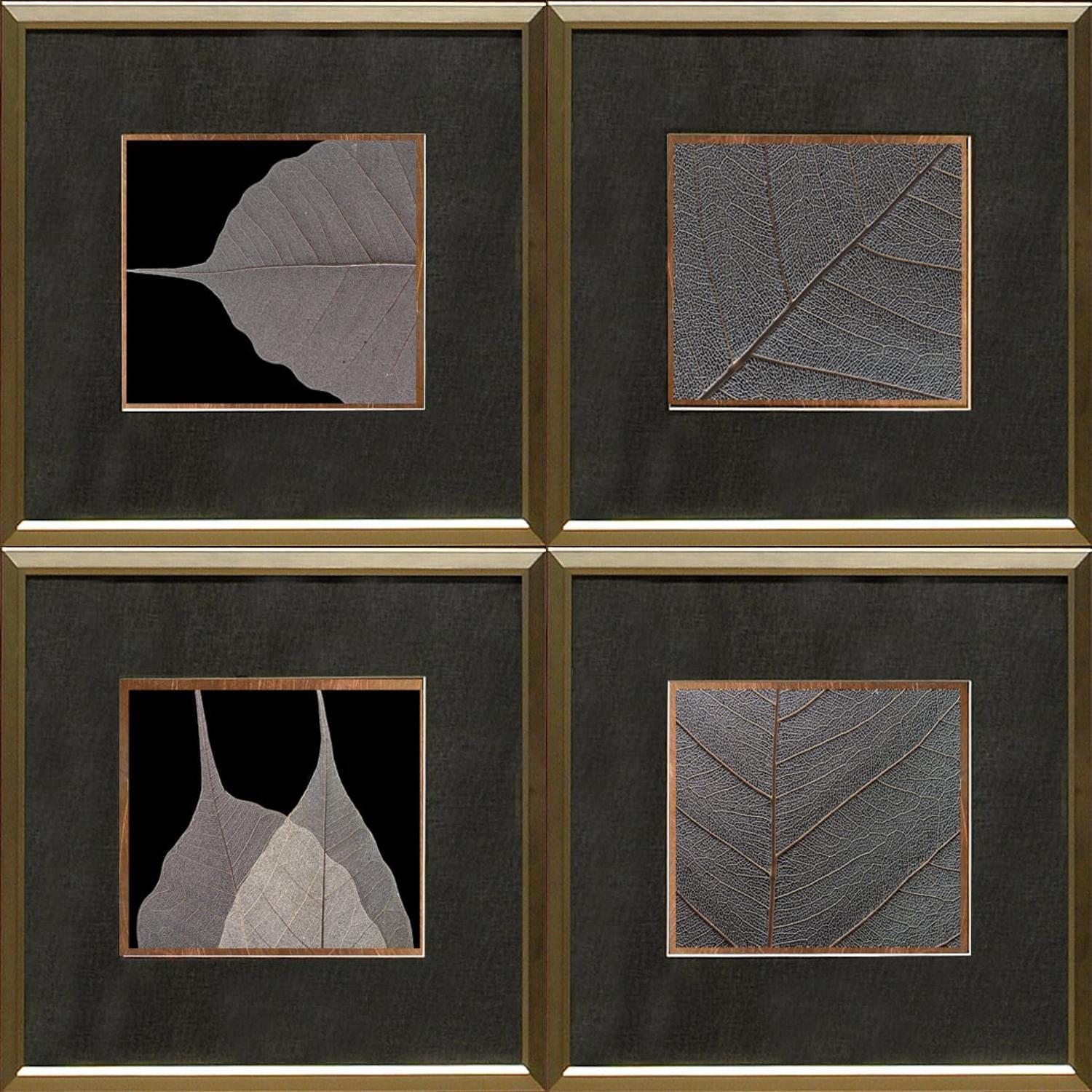 Copper Leaf Details I - IV Bundle featuring four framed leaf prints with textured details on a black background