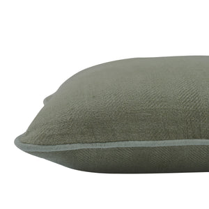 Side view of Lavigne Indoor Pillow highlighting its olive green fabric and subtle texture.