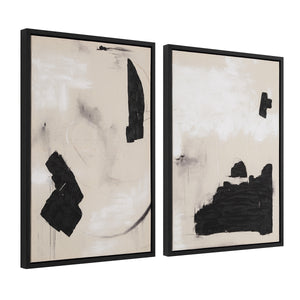 Asia Canvas Art with two panels showing black abstract shapes on beige, framed in black.
