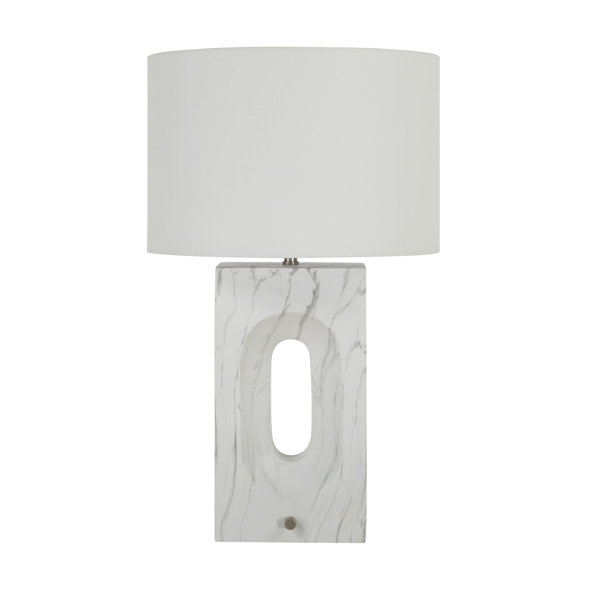 Scriba table lamp by Renwil with a white marble base and a white fabric shade.