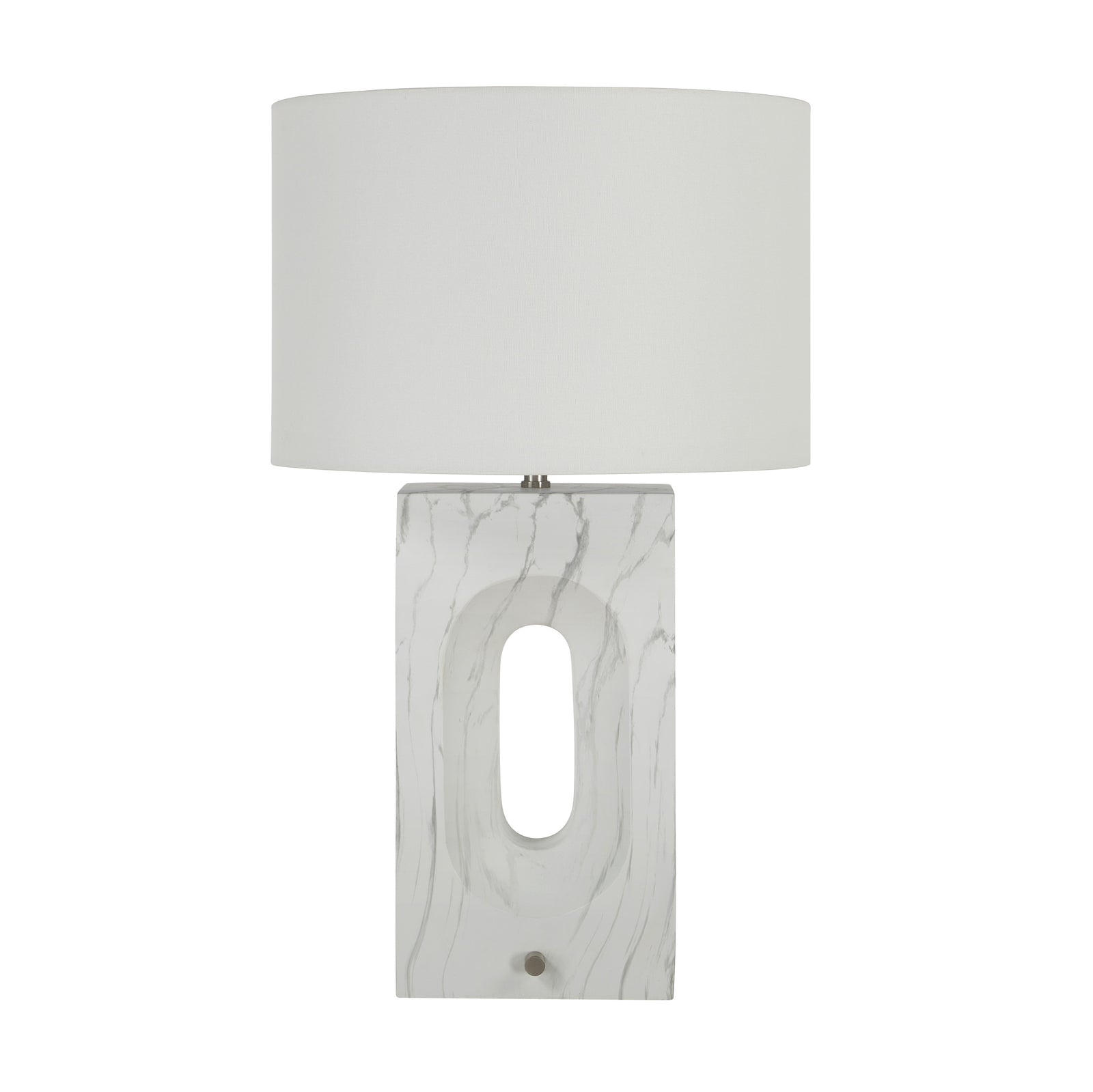 Scriba table lamp by Renwil with a white marble base and a white fabric shade.