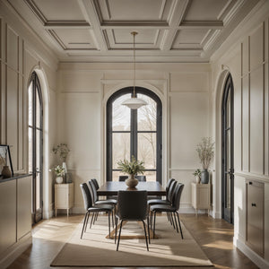 Abbie ceiling light fixture in a dining room setting with elegant decor and large windows