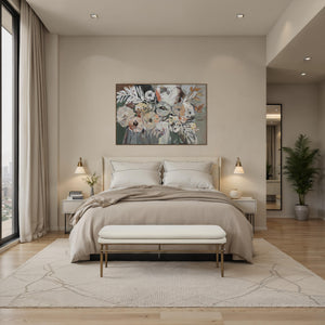 Paredes 18.0" Height Bench in a modern bedroom setting with floral artwork.