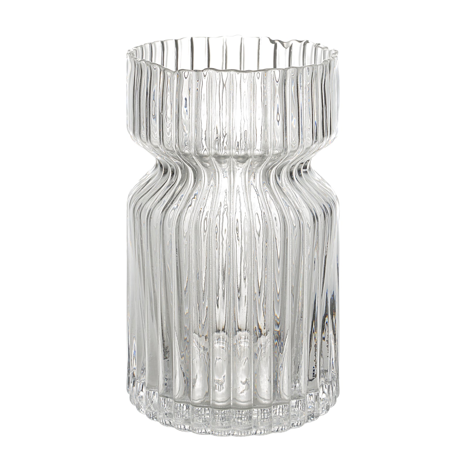 Gladys Glass Vase by Renwil, clear glass with ribbed texture, flared top, elegant design.