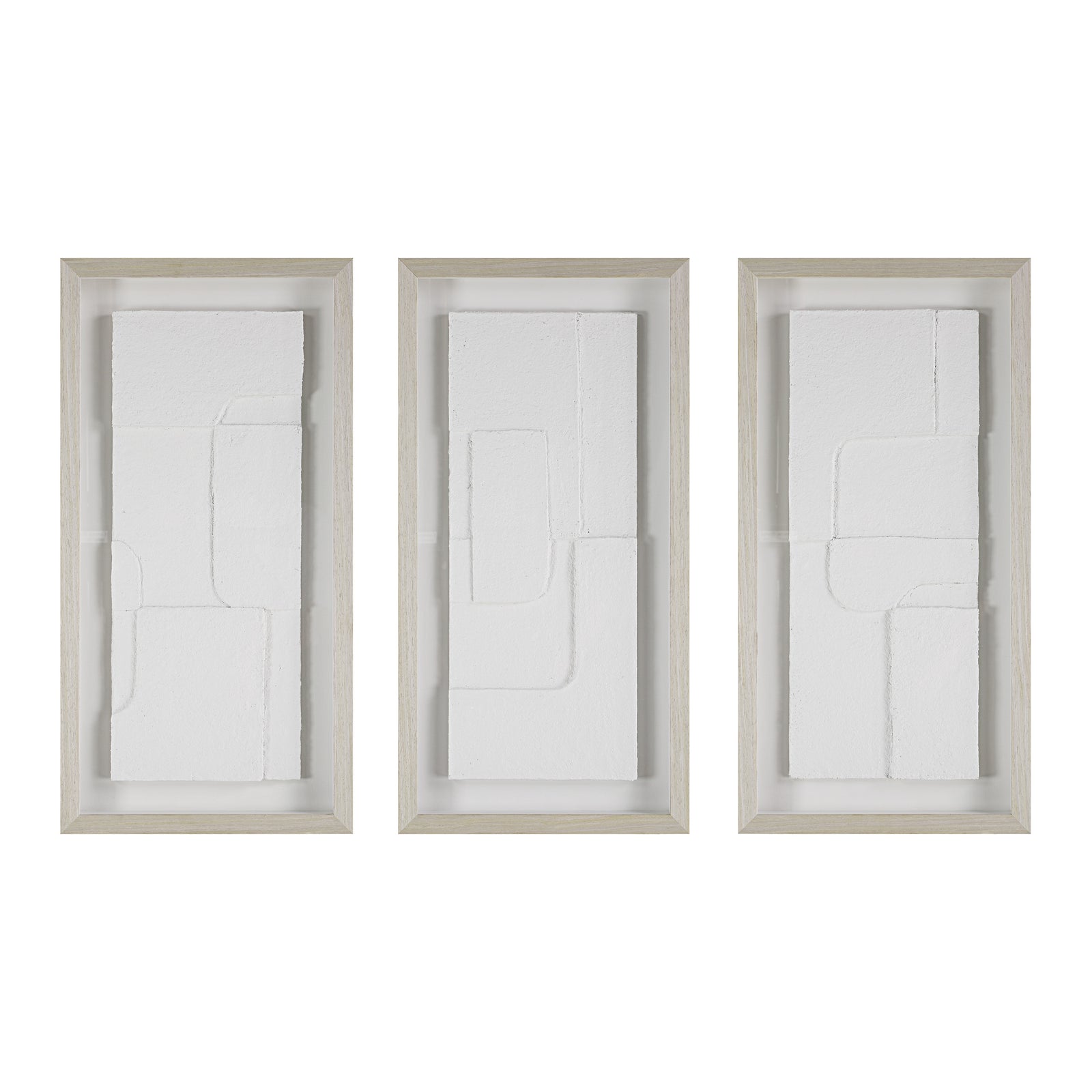 Arches wall art featuring three white textured panels in light wood frames