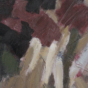 Close-up of Ardesia canvas art highlighting textured brush strokes in dark red, green, and beige.