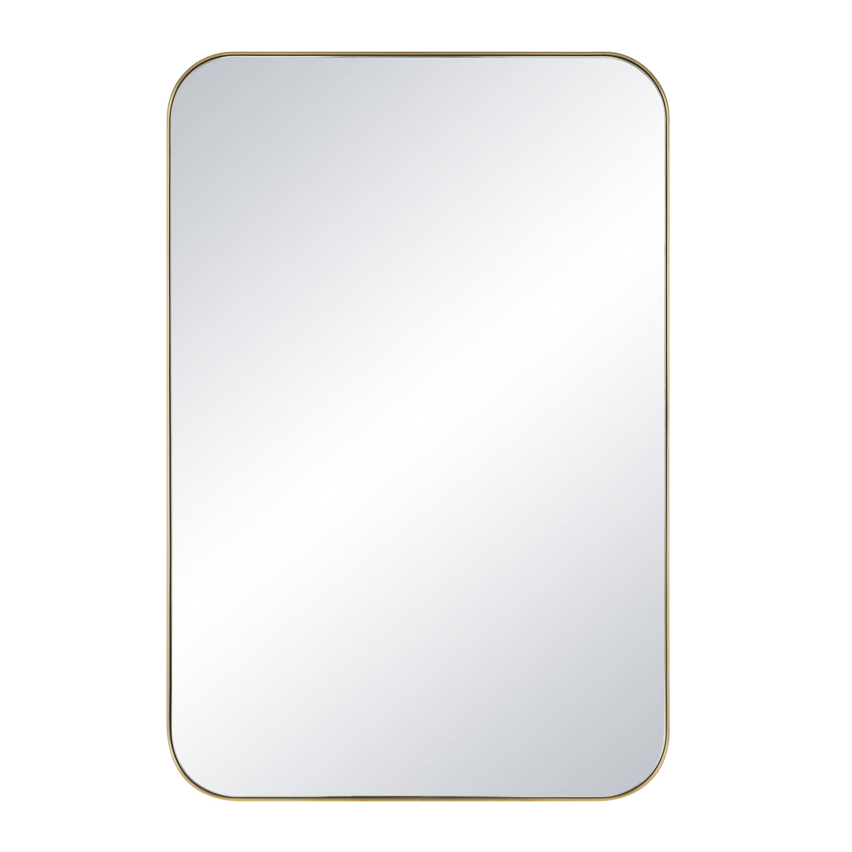 Vesey Wall Mirror with rounded corners and a gold frame, reflecting light.