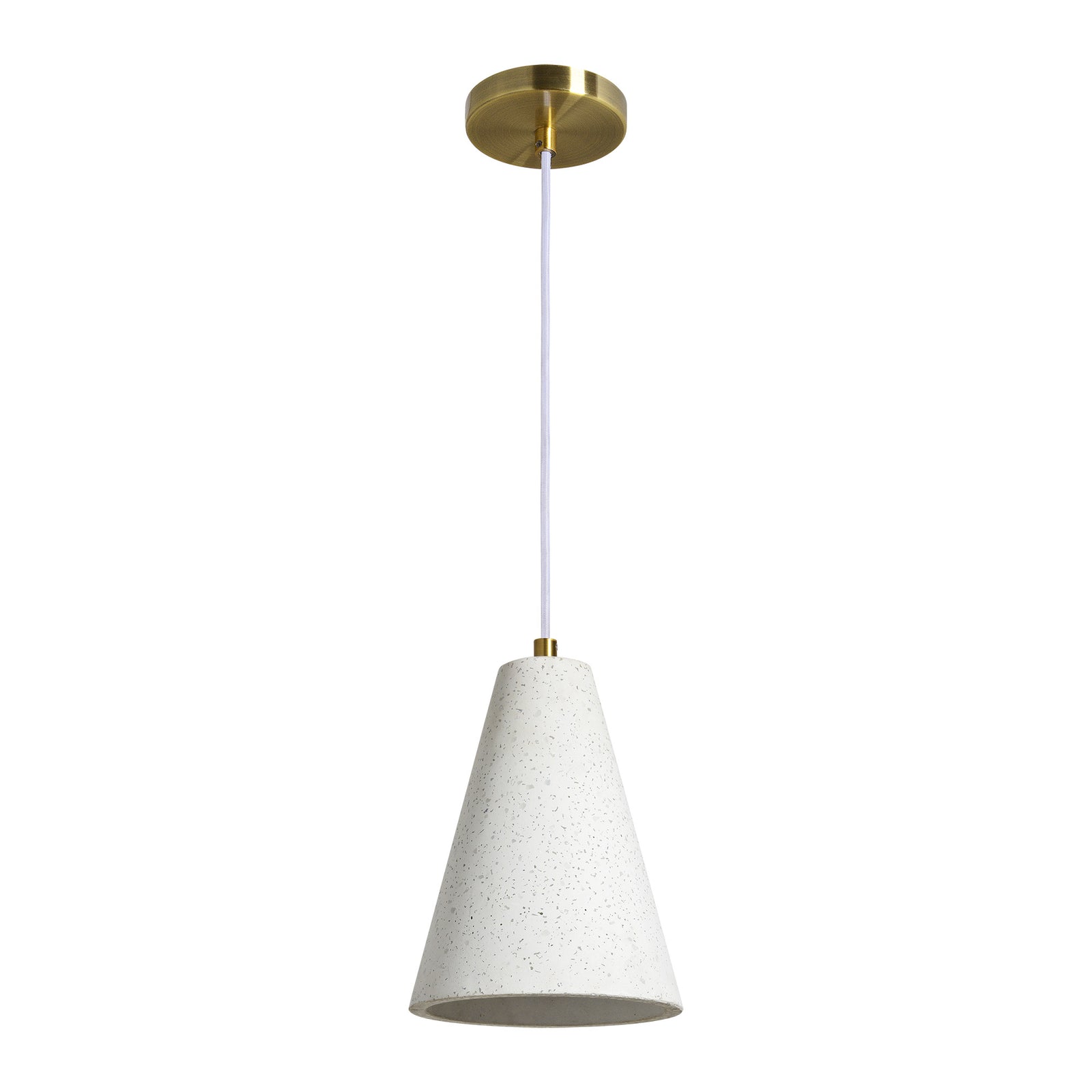 Paula ceiling light fixture in white concrete with speckled texture, cone shape, hanging view.