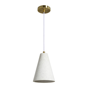 Paula ceiling light fixture in white concrete, cone shape, with brass ceiling mount, hanging view.