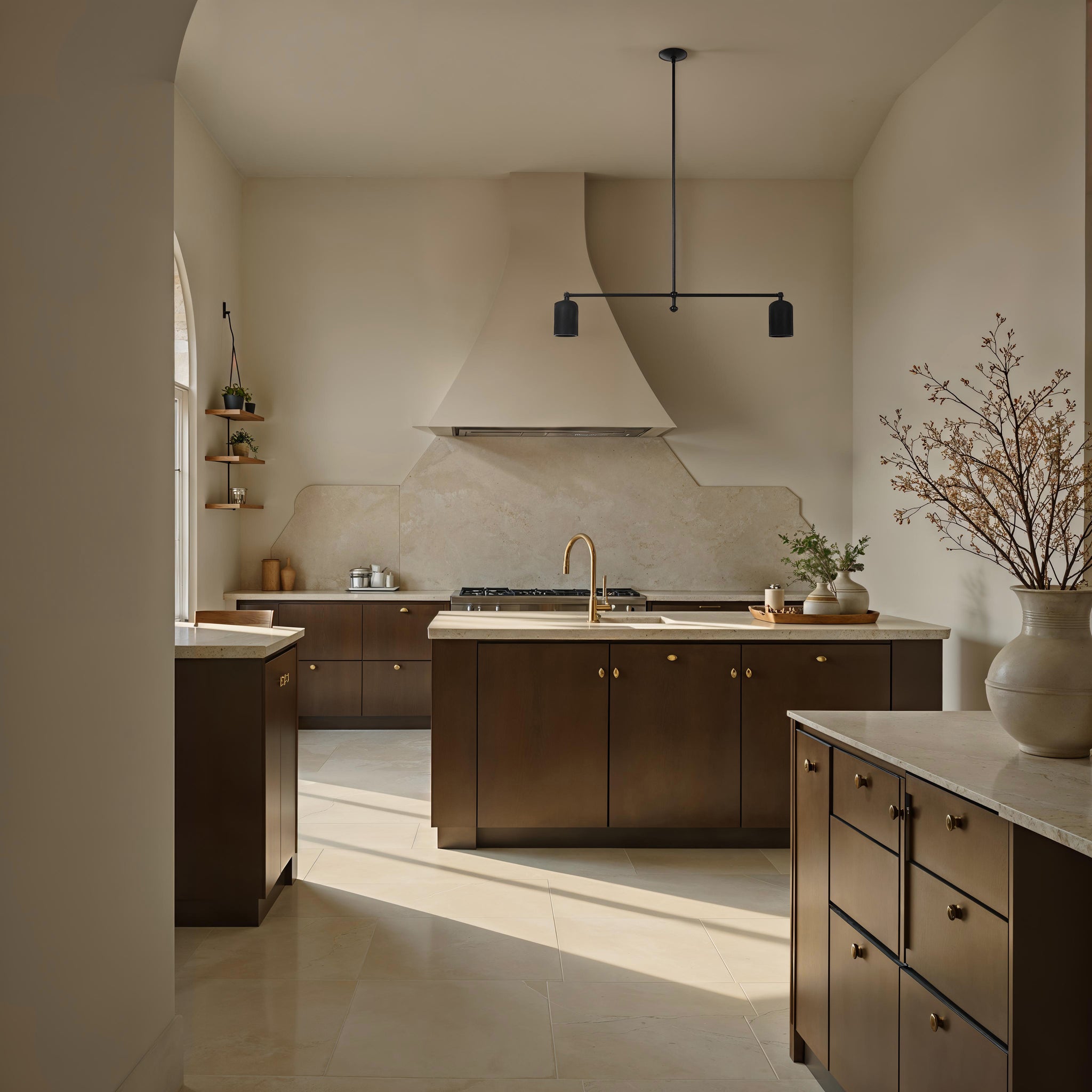 Saskia ceiling light fixture in a stylish kitchen with dark cabinets and a marble backsplash.