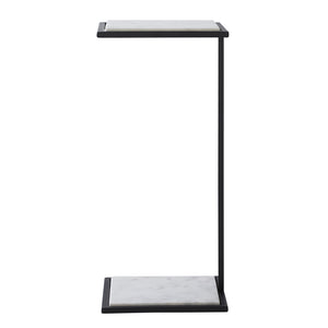 Danica Table by Renwil featuring a white marble top and black metal frame, angled view.