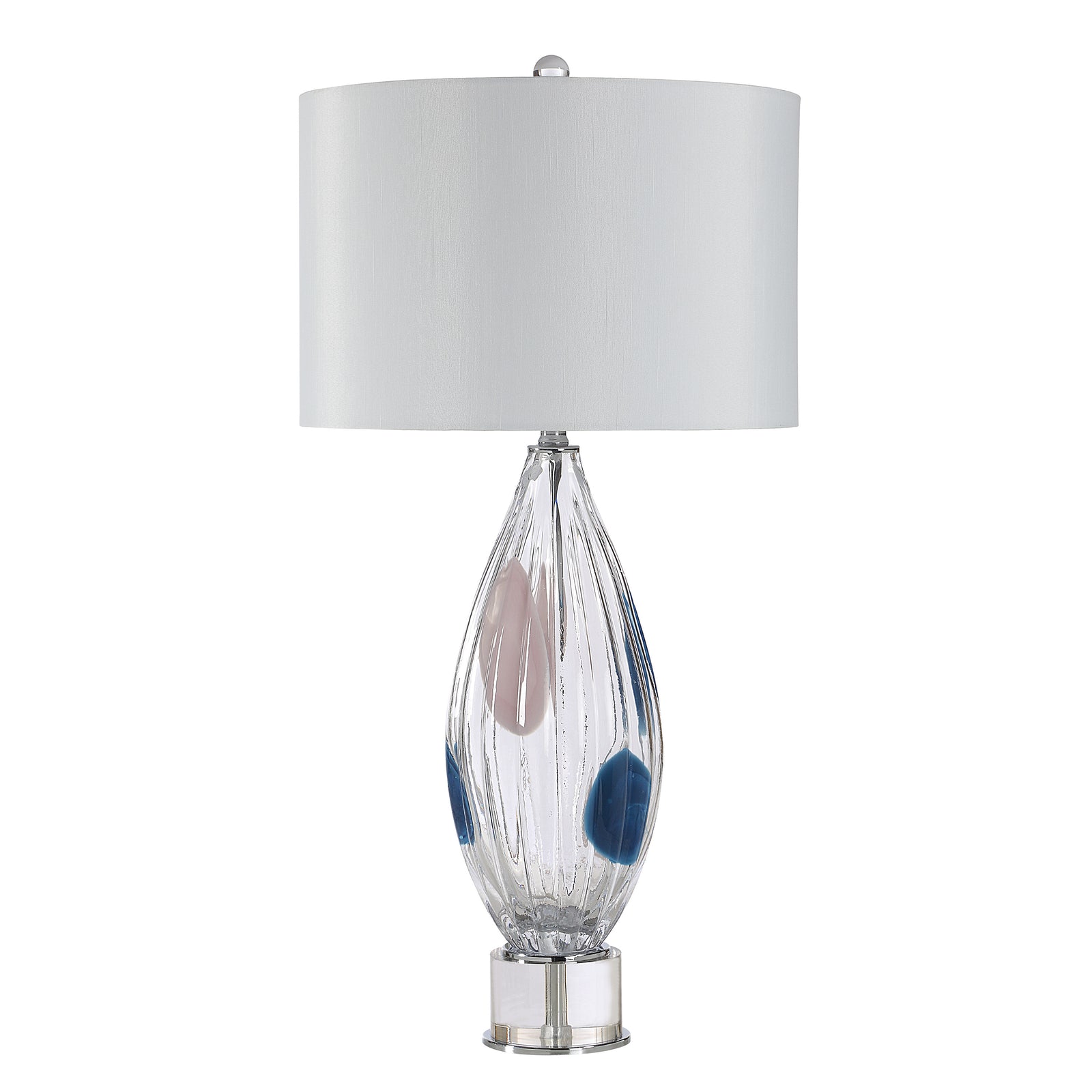 Luxor Table Lamp with a clear glass base featuring blue and pink accents and a white shade