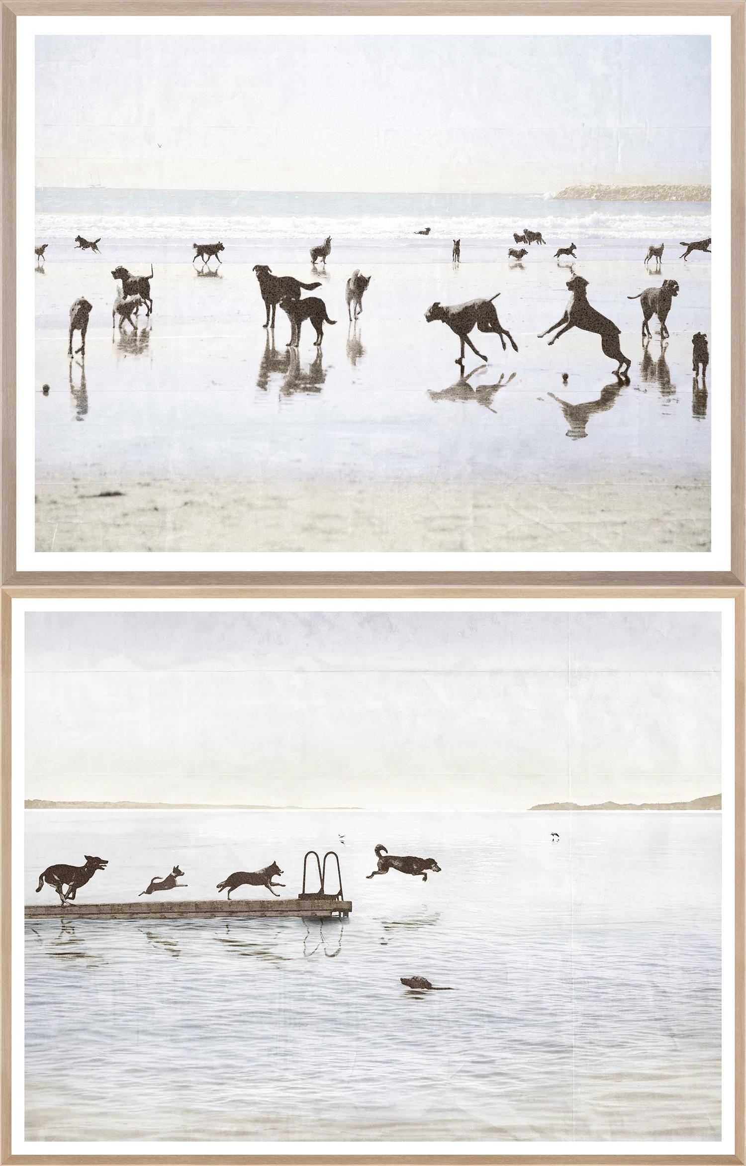 Dogs Day Beach & Cottage Art Bundle featuring dogs playing on the beach, soft colors and serene atmosphere.