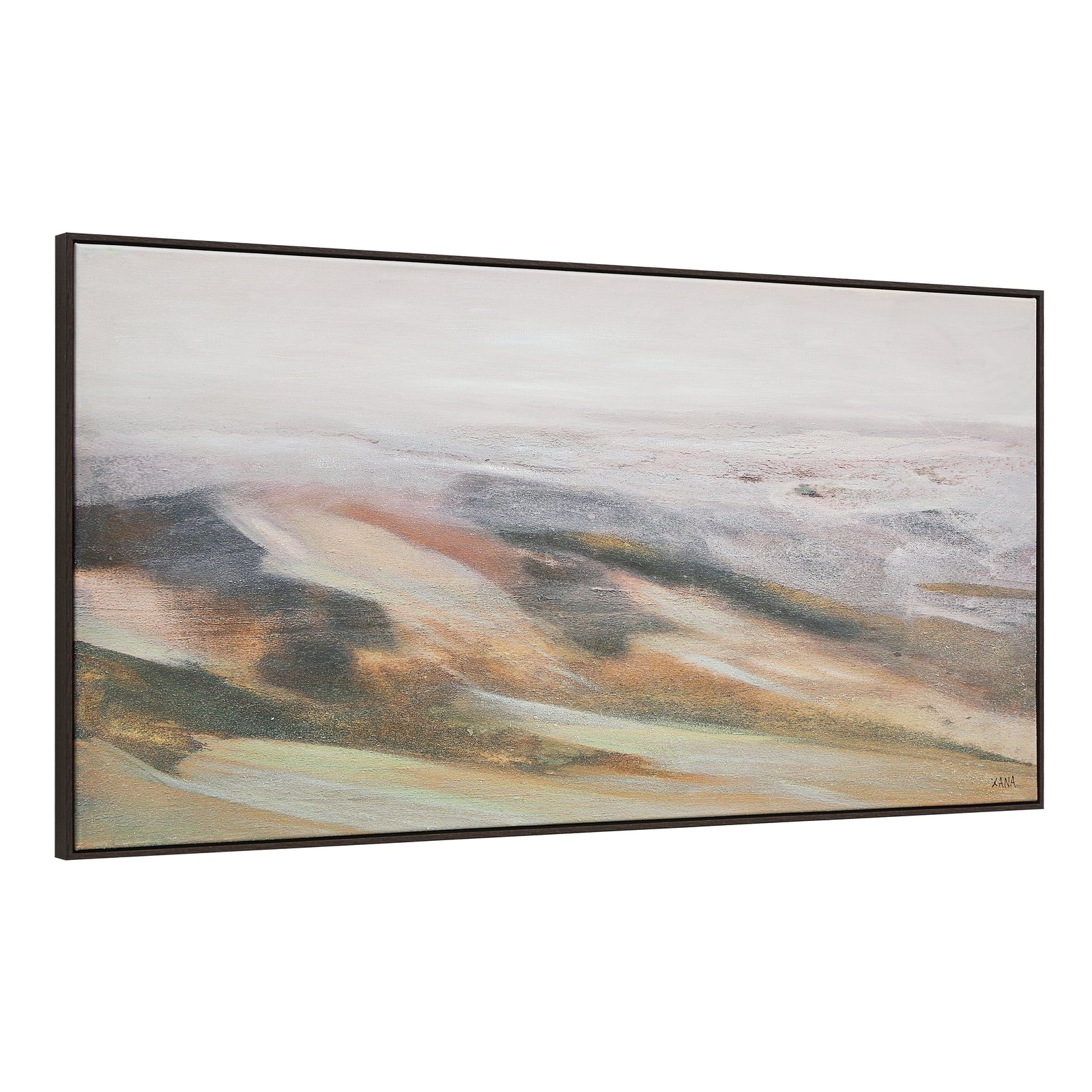Cresta canvas art featuring soft hues of beige, brown, and green with abstract landscape design.