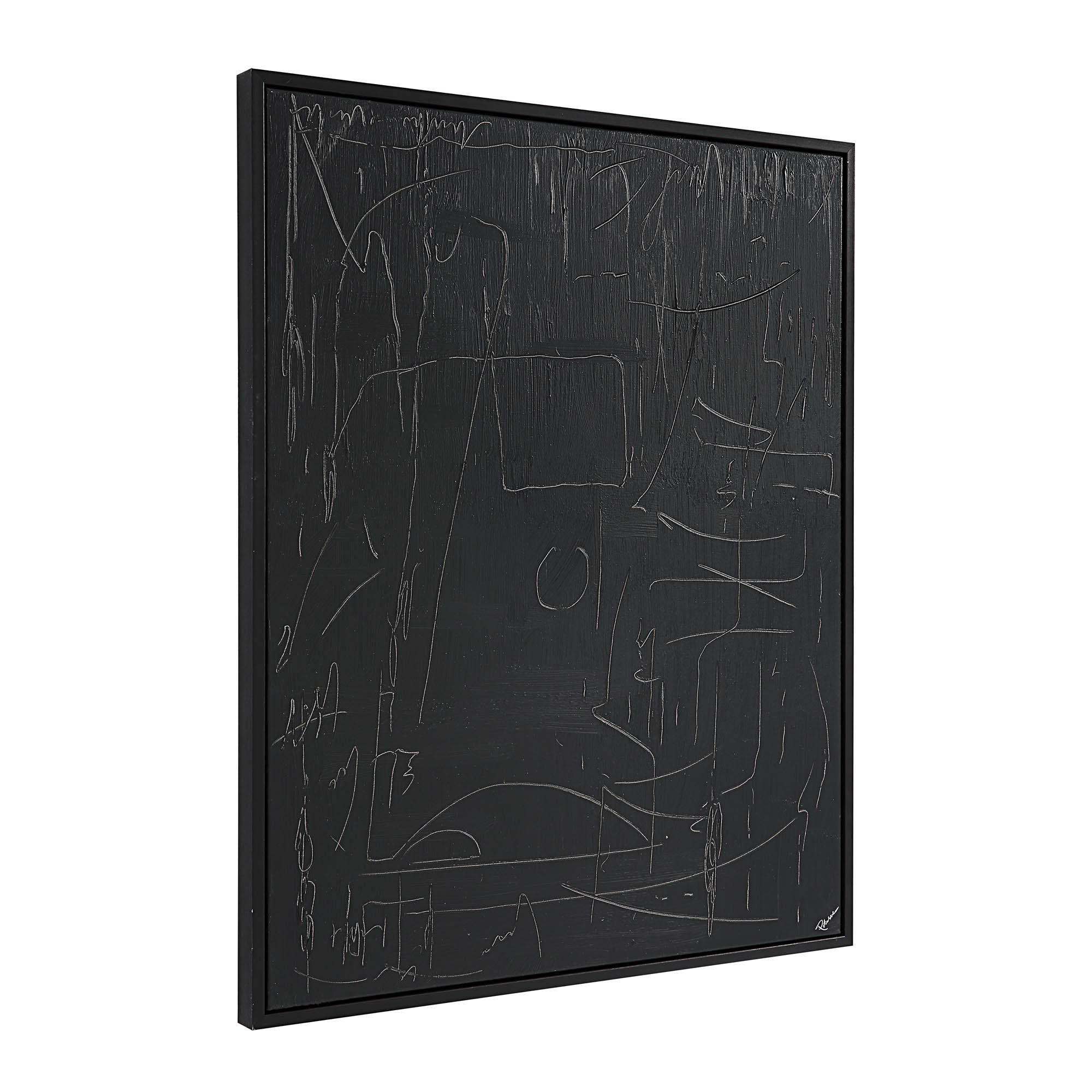 Haiku Canvas Art by Renwil displayed at an angle, showing abstract white lines on black