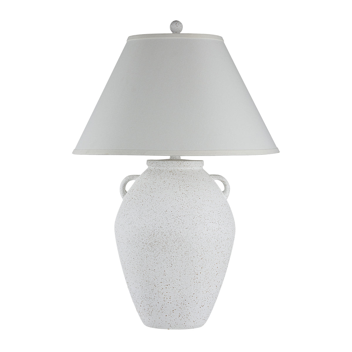 Aloria table lamp with a speckled white ceramic base and a gray fabric shade