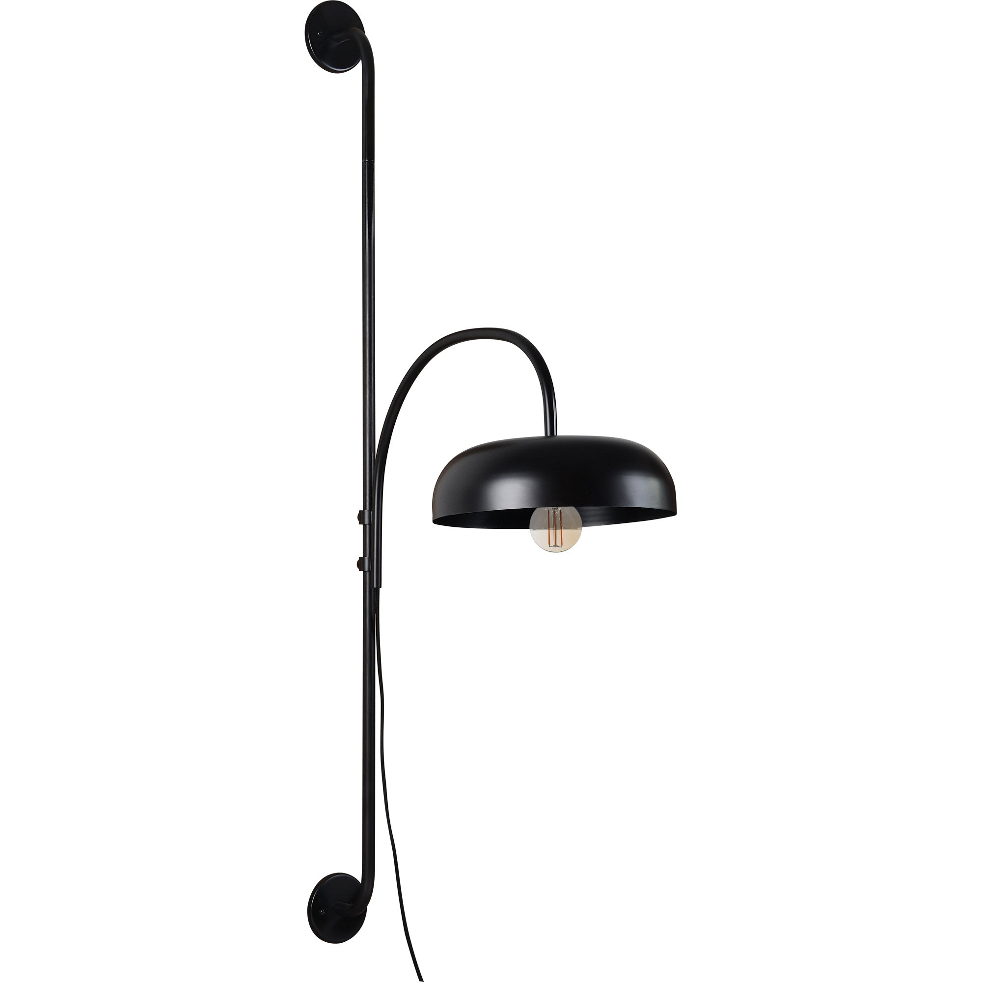 Draco Wall Sconce in black with a curved arm and dome shade, showcasing a vintage bulb.