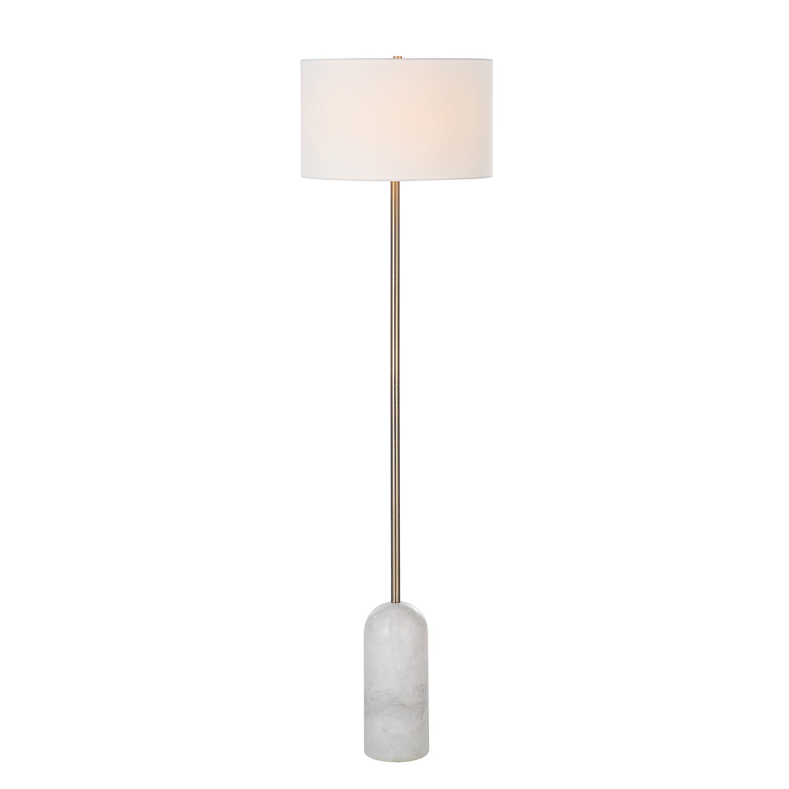 Lozica Floor Lamp with white drum shade and marble base, featuring a gold metal stem.