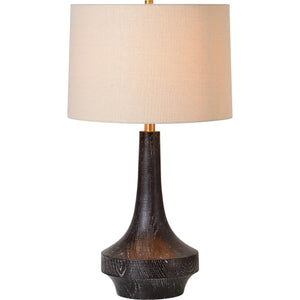 Truro Table Lamp featuring a dark wood base and cream shade, illuminated for a warm glow.