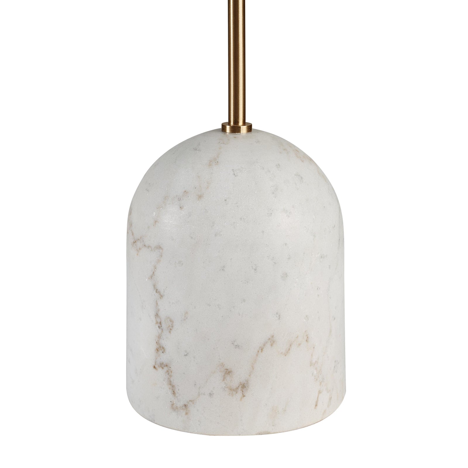 Dili table lamp set with white fabric shades and marble bases, featuring a sleek metal stem.