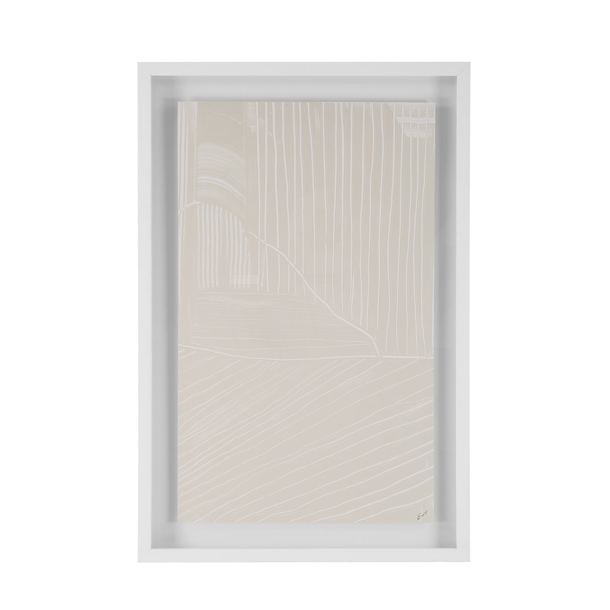 Marlon wall art with a beige background and white lines, framed in white.