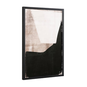 Caramelo wall art with abstract design in black, white, and taupe colors, framed in black.