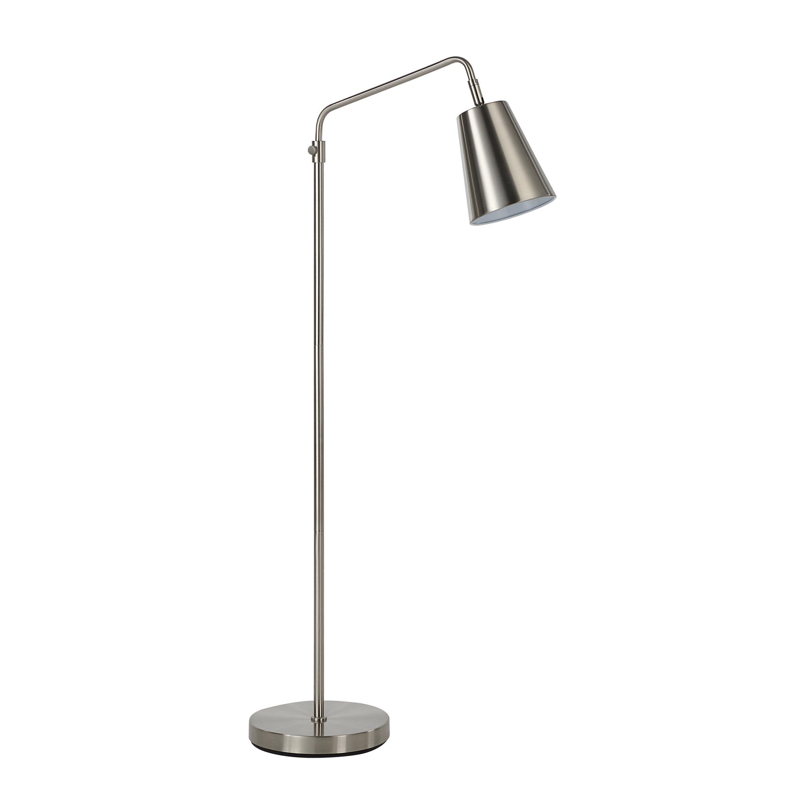 Norwich floor lamp in brushed nickel with a conical shade and round base.