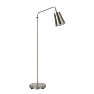 Norwich floor lamp in brushed nickel with a conical shade and round base.