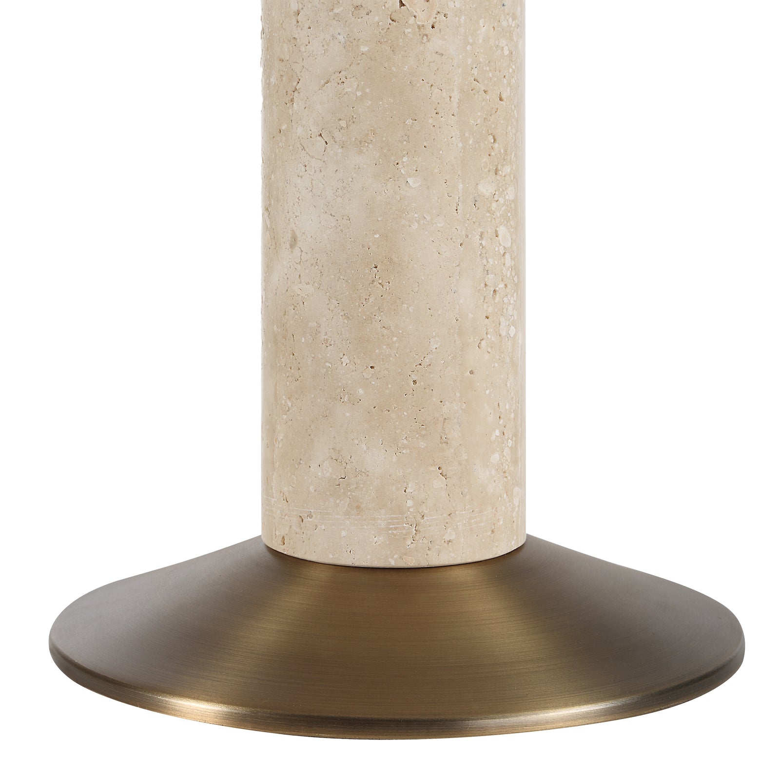 Tamara table lamp with a white fabric shade and beige stone base, featuring a brass accent.