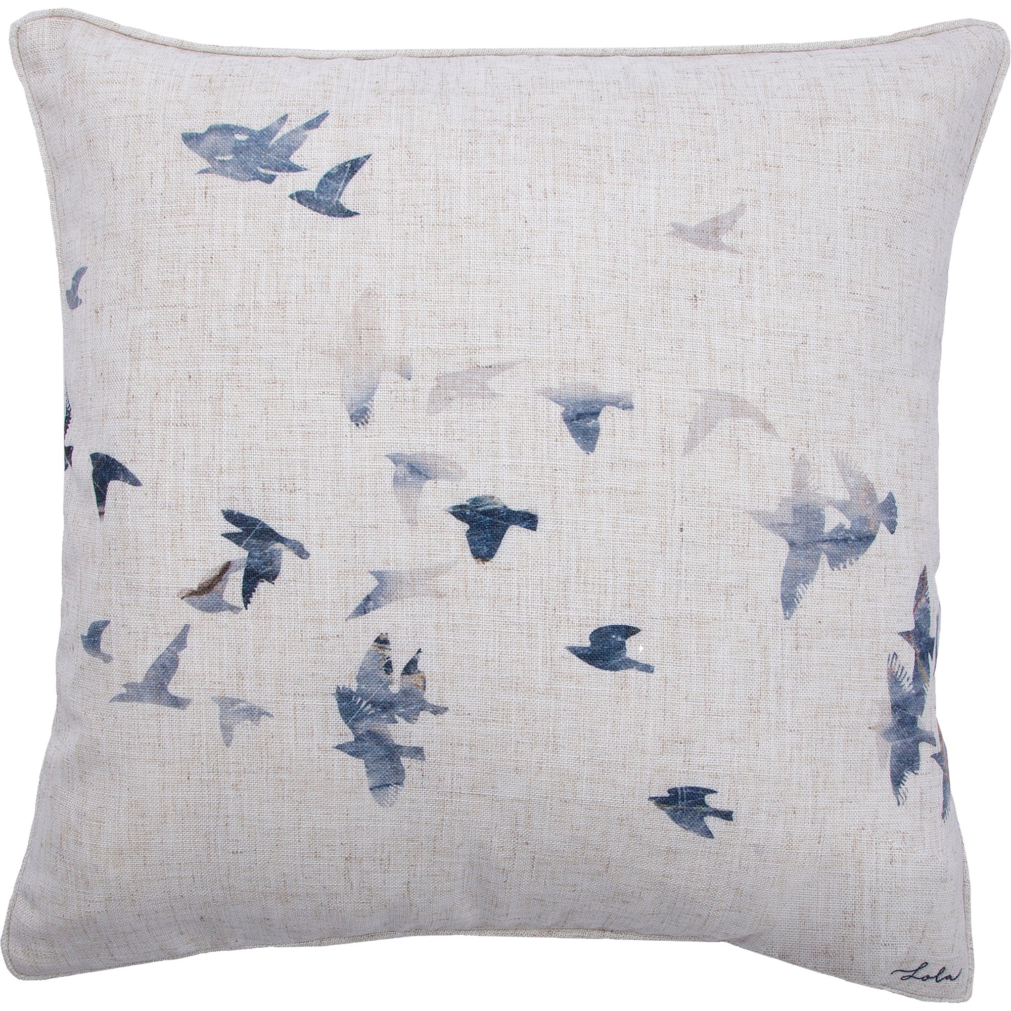 Flight indoor pillow featuring a bird pattern on a beige linen fabric.