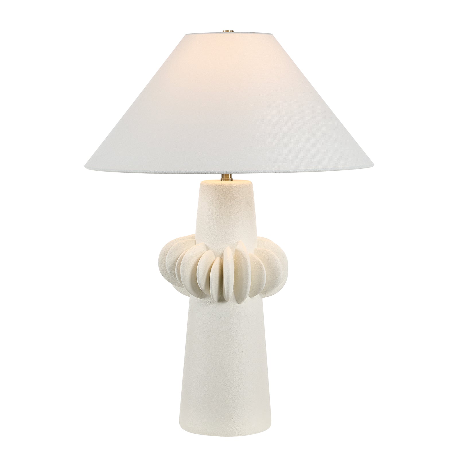 Disla Table Lamp with a textured white base and a white conical shade