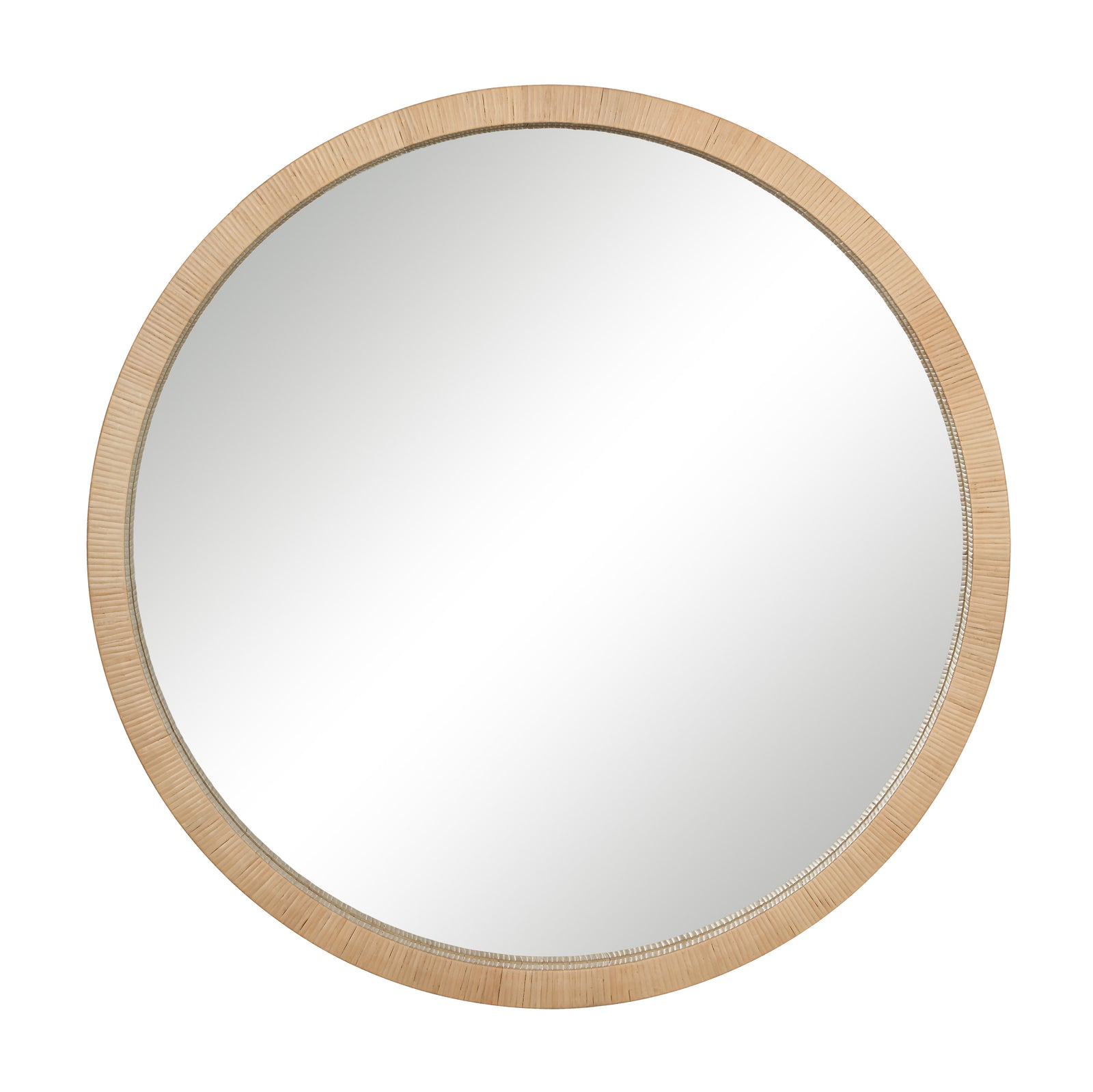 Rita mirror with a round shape and natural wood frame, showcasing a reflective surface.