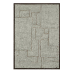 Caramelo wall art featuring a light gray canvas with abstract shapes, framed in dark wood.
