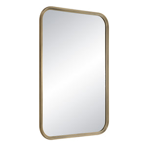 Jyn mirror by Renwil, angled view of rectangular mirror with gold metal frame and reflective surface.