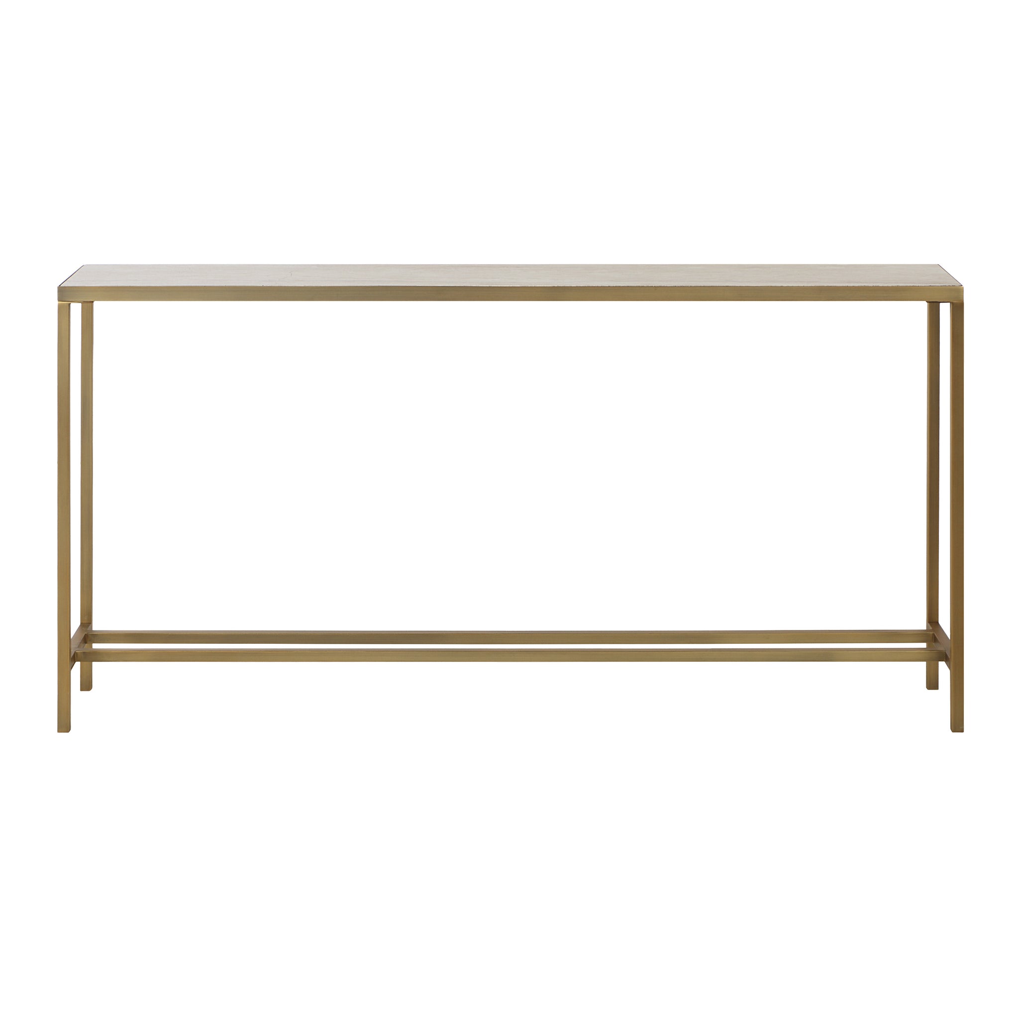 Bodin Console Table with gold metal frame and light wood top, front view