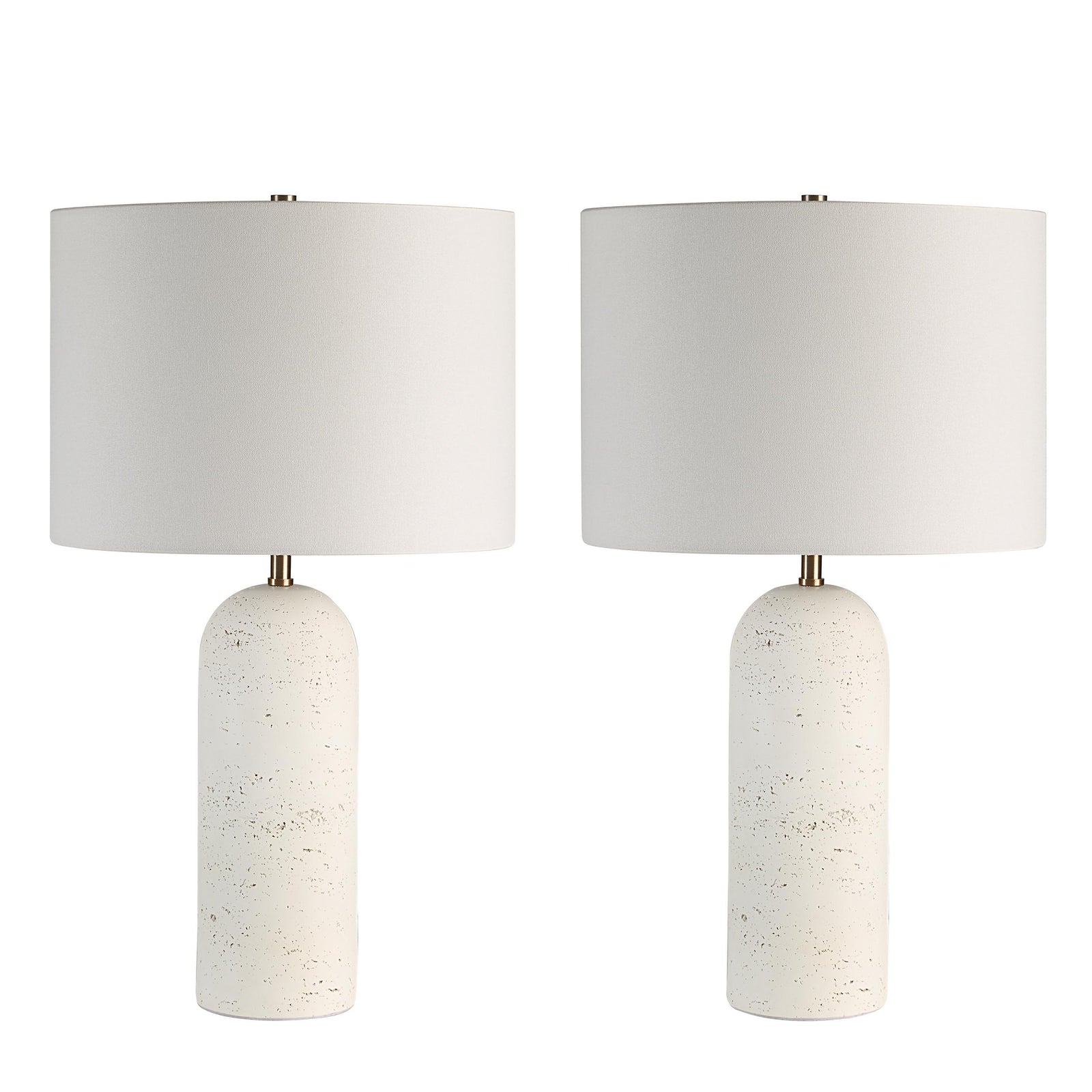 Dorato Table Lamp set with white textured bases and white fabric shades