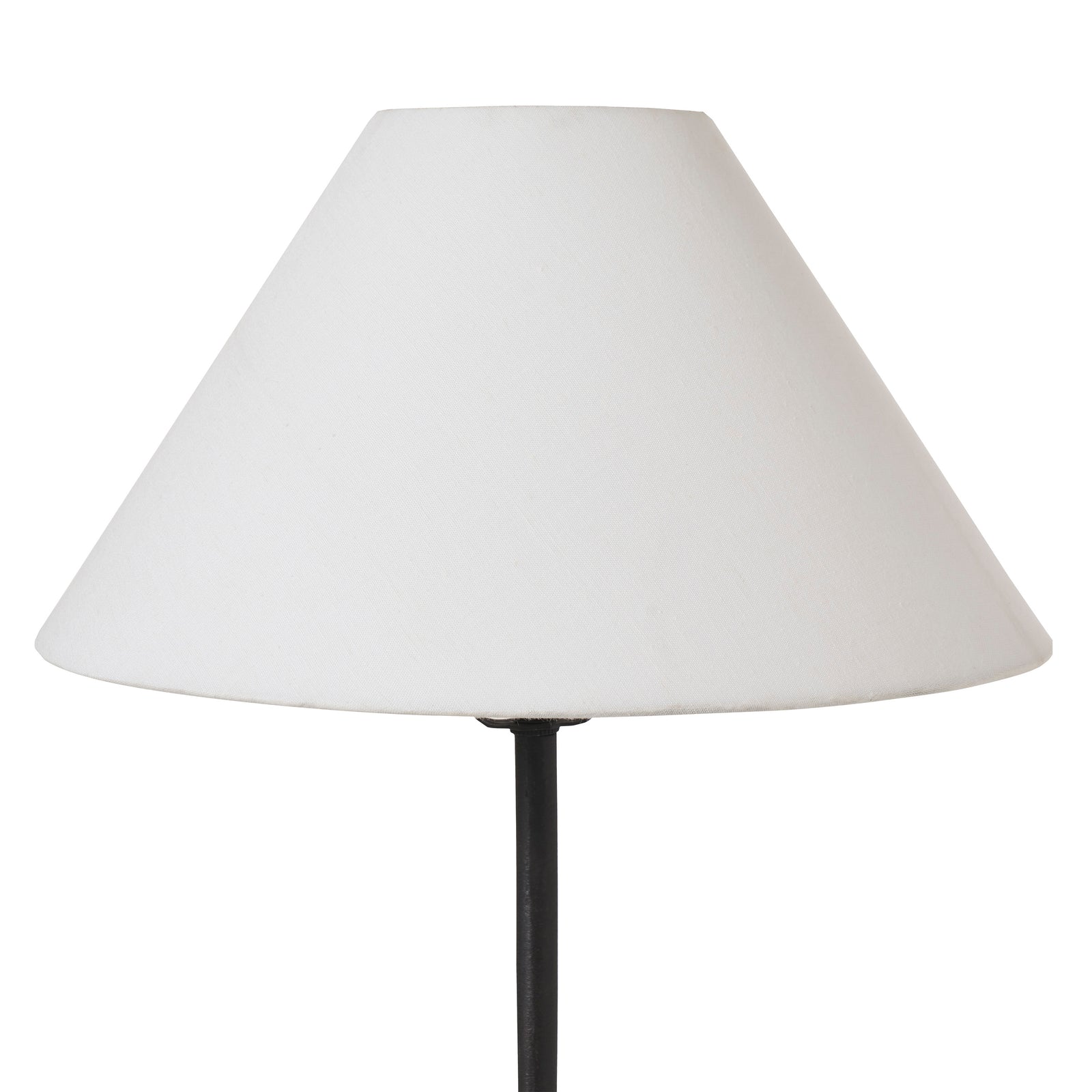 Kitts table lamp with a white conical shade and black metal base, standing on a flat surface.