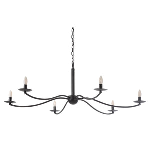 Landen chandelier by Renwil, black metal with six candle-style lights, viewed from below.