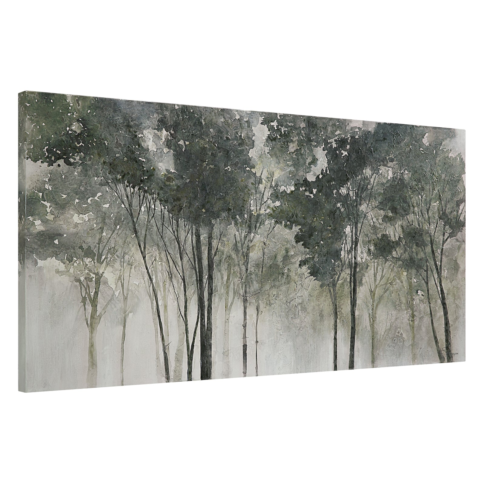 Potter canvas art featuring misty trees in muted greens and grays