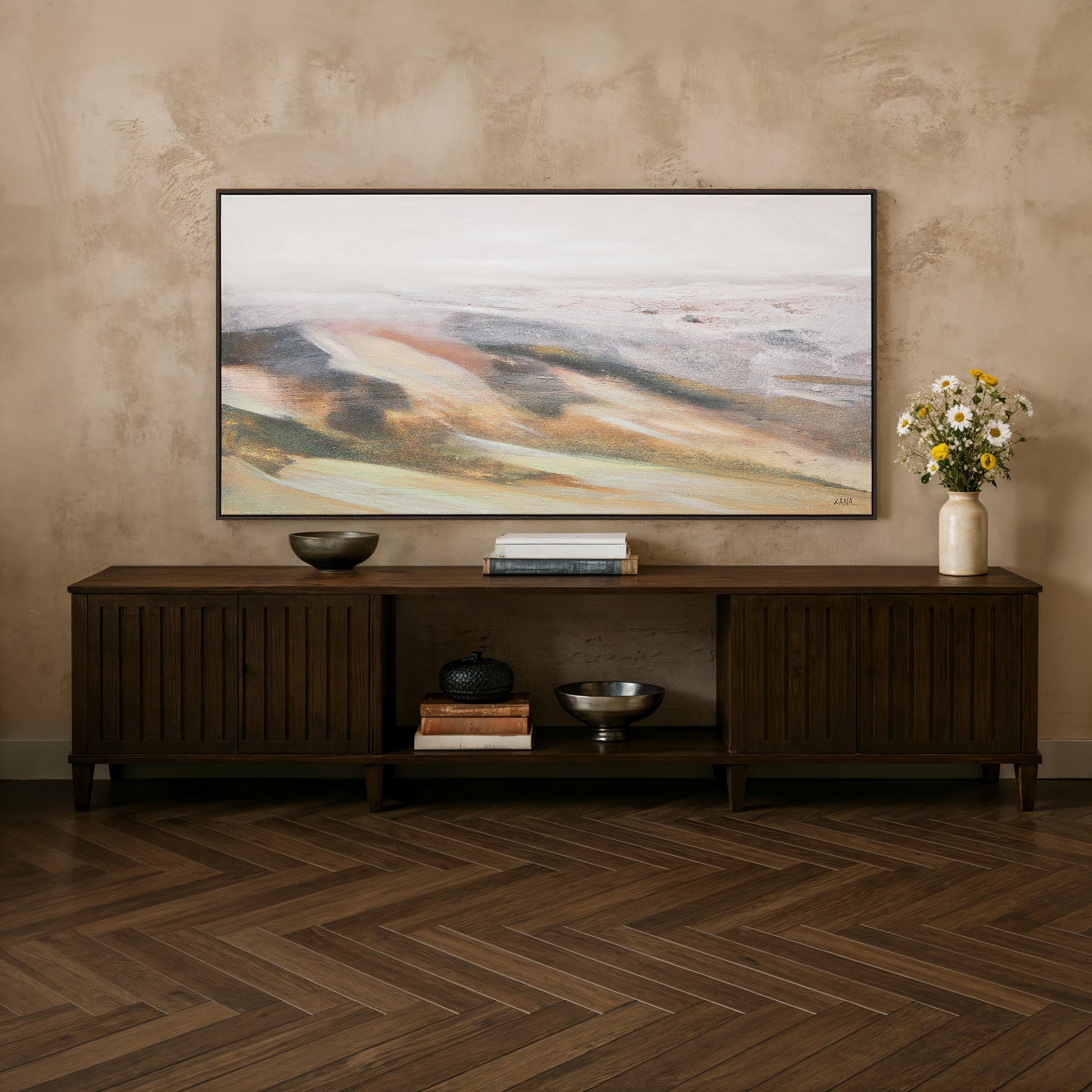 Cresta canvas art displayed above a wooden console table in a stylish interior setting.